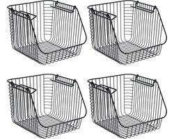 Opbergmandje - Set van 4x stuks - zwart - stapelbaar - 29 x 27 x 21 cm - draadmand - opbergen - opruimen - Opbergmanden/opruimmanden