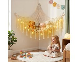 Opbergnet voor Knuffeldieren met LED Verlichting, Boho Teddy Bear Hangmat, Zachte Opbergruimte voor Speelgoed en Knuffels, Decoratieve Tassels en Cream Witte Kleur