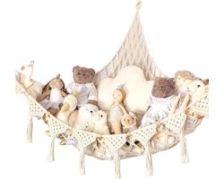 Opbergnet voor knuffels, hangende opberghangmat, speelgoedhangmat voor knuffels in de hoek, stevige speelgoedorganizer voor de woonkamer, kinderkamer, poppenhuisdecoratie, 105x105x145 cm, Wit