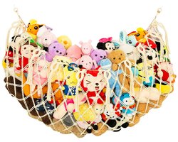 Opbergnet voor knuffels, hangmat voor knuffels, ophangmodel van katoenen touw, grote capaciteit met haken, geschikt voor knuffels, kinderkamers, slaapkamers (gebroken wit).