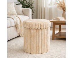 Opbergpoef - Ø 31,5 x 37,5 cm - Trendy ribstof - Beige - Rond