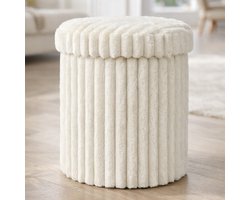 Opbergpoef - Ø 31,5 x 37,5 cm - Trendy ribstof - Wit- Rond