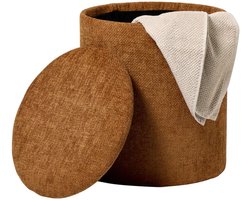 Opbergpoef Rond Bruin – Ø35 x 40 cm – Zitpoef met Opbergruimte – Polyester Bekleding