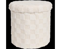 Opbergpoef Rond met Deksel – Zachte Teddy Stof – Beige Ruit – Zitpoef voor Woonkamer
