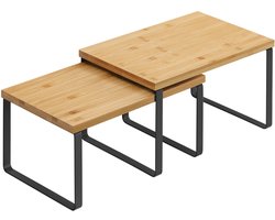 Opbergrek 2-delige set, opbergrek, opslagrek, kastplanken, organiseerrek, stapelbaar kruidenrek, stevig metalen frame, geschikt voor keuken, kantoor en eetkamer, 29,7 x 19,5 x 15,5 cm + 29,7 x 18,5 x 13,6 cm, zwart + naturel