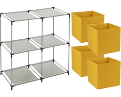 Opbergrek 2-laags - metaal - kunststof - grijs - 67 x 68 cm - incl. 4 opbergmanden oker geel