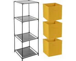 Opbergrek 3-laags - metaal - kunststof - zwart - 34 x 98 cm - incl. 3 opbergmanden oker geel
