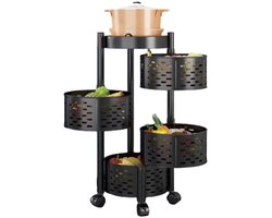Opbergrek – 4 Lagen rond - Roterende Groente- & Fruitwagen – Staal – Ruimtebesparend Keukenrek met Wielen - Zwart