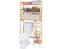Opbergrek Badkamer met Lade Bamboe - Toilet Opbergrek - Ruimtebespaarder 3-Tier Verstelbare Planken opbergrek