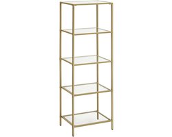 Opbergrek, badkamerrek, displayrek, bijzettafel met 5 open legplanken van transparant glas, stevig en duurzaam metalen frame, modern, eenvoudig en luxueus design, geschikt voor woonkamer en gang, 40 x 30 x 124,5 cm, goudkleurig.