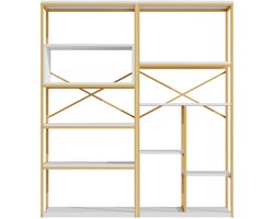 Opbergrek Boekenkast Displayrek 160x29,5x180cm Wit+Goud Meerlaagse open ontwerp Grote opbergruimte Stevig metalen frame Modern minimalistisch stijlvol ontwerp Gemakkelijk te monteren en schoon te maken Geschikt voor woonkamer slaapkamer