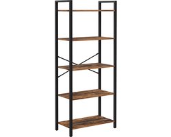 Opbergrek Boekenkast Dressoir met 5 open opbergvakken Stevig metalen frame Geschikt voor woonkamer, kantoor, studeerkamer en hal 30 x 66 x 153 cm Bruin en zwart