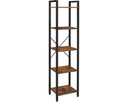 Opbergrek Boekenkast Dressoir met 5 open opbergvakken Stevig metalen frame Geschikt voor woonkamer, kantoor, studeerkamer en hal 40 x 30 x 153 cm Bruin en zwart