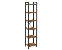 Opbergrek Boekenkast Dressoir met 6 open opbergvakken Stevig metalen frame Geschikt voor woonkamer, kantoor, studeerkamer en hal 40 x 30 x 187.5 cm Bruin en zwart