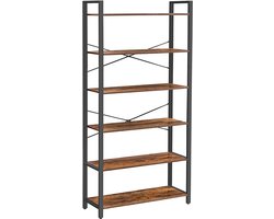 Opbergrek Boekenkast Dressoir met 6 open opbergvakken Stevig metalen frame Geschikt voor woonkamer, kantoor, studeerkamer en hal 80 x 30 x 186 cm Bruin en zwart