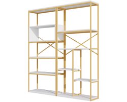 Opbergrek Displayrek Meerlaagse open ontwerp Boekenkast Grote opbergruimte Gemakkelijk te monteren en schoon te maken Stevig metalen frame Modern minimalistisch stijlvol ontwerp Geschikt voor woonkamer studeerkamer 160x29,5x180cm Wit+Goud
