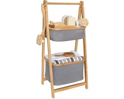 Opbergrek | Etagiere | Bamboe en stof | 2 etages | inklapbaar |Kleding | Sokken | Ondergoed | Speelgoed | Badkamer | Keuken | Grijs