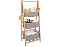 Opbergrek | Etagiere | Bamboe en stof | 3 etages | inklapbaar |Kleding | Sokken | Ondergoed | Speelgoed | Badkamer | Keuken | Grijs