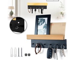 Opbergrek Met 6 Haken En Een Bovenblad - Hout En Metaal Eenvoudig Te Installeren - Wandorganizer Voor Entree Hal Woonkamer En Keuken