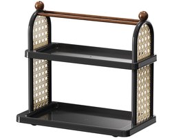 Opbergrek met twee niveaus - vintage stijl opbergrek met meerdere niveaus - geschikt voor koffie, specerijen, cosmetica - koffiekopjeshouder - geschikt voor aanrechtbladen in kantoor en keuken (zwart)