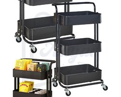 Opbergrek op Wielen 3-Laags – Metalen Opbergrek – Keuken & Badkamer Organizer – Verrijdbare Trolley met Rem – Zwart – keukentrolley – opbergrek op wielen – badkamer trolley – opberg trolley met wielen – multifunctionele trolley – 80871