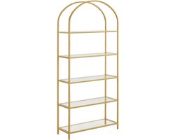 Opbergrek Opbergkast Displayrek Boekenkast Met 5 lagen open gehard glazen planken Speciaal stijlvol boogontwerp Stevig duurzaam metalen frame Geschikt voor woonkamer studeerkamer badkamer 83 x 30.2 x 183.5 cm goud
