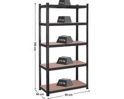 Opbergrek, rek voor zware belasting, kelderrek, 180 x 90 x 40 cm, tot 875 kg belastbaar, 5 verstelbare planken, plank van metaal, steekrek, werkplaatsrek, zwart