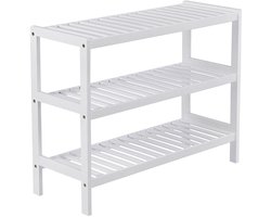 Opbergrek Schoenenrek Staand rek Met 3 open opbergniveaus Stevig en duurzaam bamboeraam Modern en stijlvol gestreept ontwerp Geschikt voor hal Badkamer Woonkamer en gang 70 x 26 x 55 cm Wit