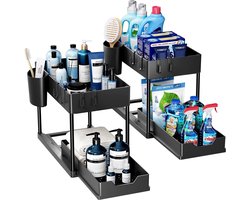 Opbergrek voor onder de gootsteen - keukenopberger met uitschuiflade - 2 niveaus - multifunctioneel - badkamer aanrecht wasruimte - zwart opbergrek