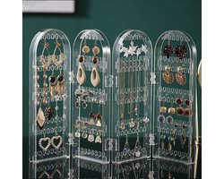 Opbergrek voor oorbellen en kettingen - 4 panelen, 260 gaatjes, opvouwbaar - Sieradenrek voor op de kaptafel - Sieradenrek in schermstijl - 42*2*28,3 cm - Opbergrek voor oorbellen, kettingen, armbanden en ringen voor op de kaptafel - Transparant