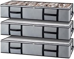 Opbergtas, 3 stuks, voor onder bed, groot, non-woven, tas, stof, handvat, voor dekbedden, kleding, dekbedden, kussens, speelgoed, grijs.