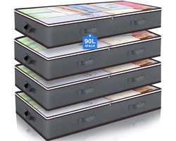Opbergtas onder bed – 4 Stuks 90L – Opbergbox Onder Bed – Opvouwbare Opbergbox Met Transparant Deksel – 4 Draaghendels – Dubbele Rits – 100x50x15 cm – Voor Kleding, Kussens, Dekbedden En Beddengoed
