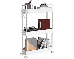Opbergwagen met 3 niveaus en handvat, vergrendelingswielen en smalle rekken voor keuken, badkamer of wasruimte - Wit Beside shelf