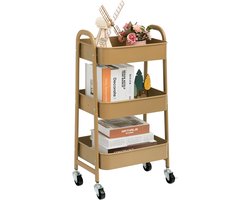 Opbergwagen met 3 niveaus, rolwagen, trolley, metalen gereedschapsplanken met wielen en handgrepen, voor keuken, make-up, badkamer, kantoor, goud