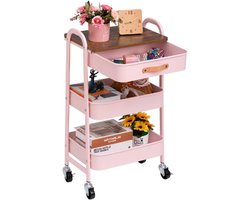 Opbergwagen Rolwagen Met Lade 3-Etages Metaal Utility Cart - DOEWORKS Organizer Trolleywagen Met Leren Handvaten Voor Keuken - Make-up - Badkamer - Kantoor - Roze