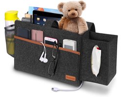Opbergzak Voor Bed - Nachtkastje Organizer - Spullen Bij De Hand - Met Flessenhouder - 345 x 105 cm - Grijs