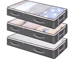Opbergzakken Onder Bed - Inklapbare Kledingzakken met Grote Capaciteit - Met Transparant Venster en Verstevigde Handvatten en Ritsen - Gemaakt van Niet-geweven Stof voor Dekbedden Dekens en Beddengoed - Formaat 100x50x15 cm - Grijs - 3 Stuks