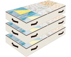 Opbergzakken voor onder het bed - 3 stuks, stevige stof met doorzichtige deksel en 4 handvatten, beige - Perfect voor beddengoed en kledingopslag