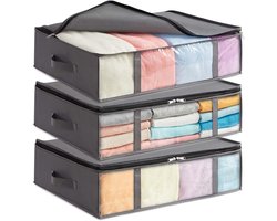 Opbergzakken voor onder het bed, opvouwbare kledingbox, opberghoes voor dekbedden, kastorganizer met doorzichtig venster voor handdoeken en dekens, grijs, 40 l, set van 3