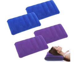 Opblaasbaar Kussen - Luchtkussen Velours - Comfortabel Reizen - Gebogen Neksteun - 47 x 30 cm - Marineblauw Paars