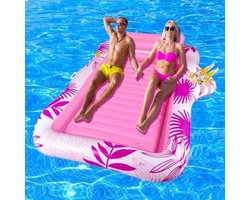 Opblaasbaar zonnezwembad, dubbel deluxe tanning zwembad, grote waterhangmat voor volwassenen, opblaasbaar luchtmatras, zwembad met hoofdsteun en bekerhouder voor zomer, strand - Roze