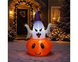 Opblaasbare Halloween-geest op pompoen - 150 cm hoog - met witte LED-verlichting - Halloween-decoratie voor tuin & buiten - incl. grondpennen