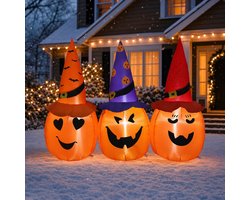 Opblaasbare Halloween-pompoenen met heksenhoeden - 150 cm breed - met witte LED-verlichting - Halloween-decoratie voor buiten - incl. bevestigingsset