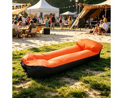 Opblaasbare slaapbank met kussen 220×70×60 cm ( oranje‑zwart) waterdicht & lekvrij draagbaar perfect voor kamperen stranduitje picknick muziekfestivals en vakantiereizen