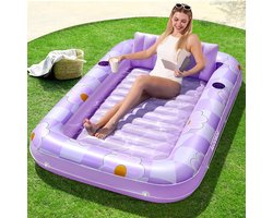 Opblaasbare zonnebadligstoel voor volwassenen, 178 cm x 118 cm, met kussen en bekerhouders, UV-bestendig, paars bloemontwerp, 4-in-1 zonnebadvlot voor zwembad, strand en tuin