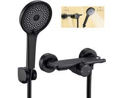 Opbouw Badkraan met Handdouche Complete Set - watervalontwerp - Met Opbergrek - Wandmontage met Douche-aansluiting Warm-Koud - Mengkraan - Zwart