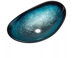 opbouw Glazen wastafel, opzetwastafel, glazen waskom wasbak, ovaal Blauw zwart 53x35x16 cm
