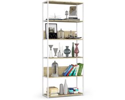 Open Boekenkast, Ladderkast, Loft Design / Metalen Vakkenkast met 6 Planken / Opbergplank / Boekenrek Opslagrek / Wit - Artisan Eik / 80 x 192 x 32 cm
