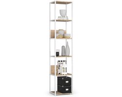 Open Boekenkast, Ladderkast, Loft Design / Metalen Vakkenkast met 6 Planken / Opbergplank / Boekenrek Opslagrek / Wit - Sonoma Eik / 40 x 192 x 32 cm