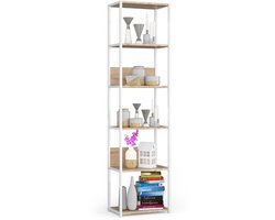 Open Boekenkast, Ladderkast, Loft Design / Metalen Vakkenkast met 6 Planken / Opbergplank / Boekenrek Opslagrek / Wit - Sonoma Eik / 50 x 192 x 32 cm